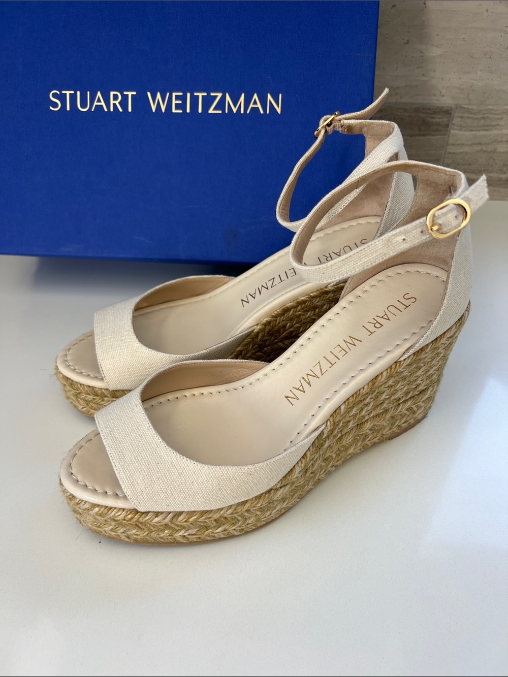 Stuart Weitzman espadrille open toe wedges heels sandals natural cream canvas - Picture 1 of 9
